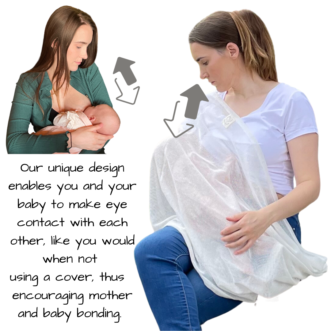 Mother using Breastfeeding Cover and Scarf-Showing how Nursing Cover Allows for Mother and Baby to Maintain Eye Contact During Use.