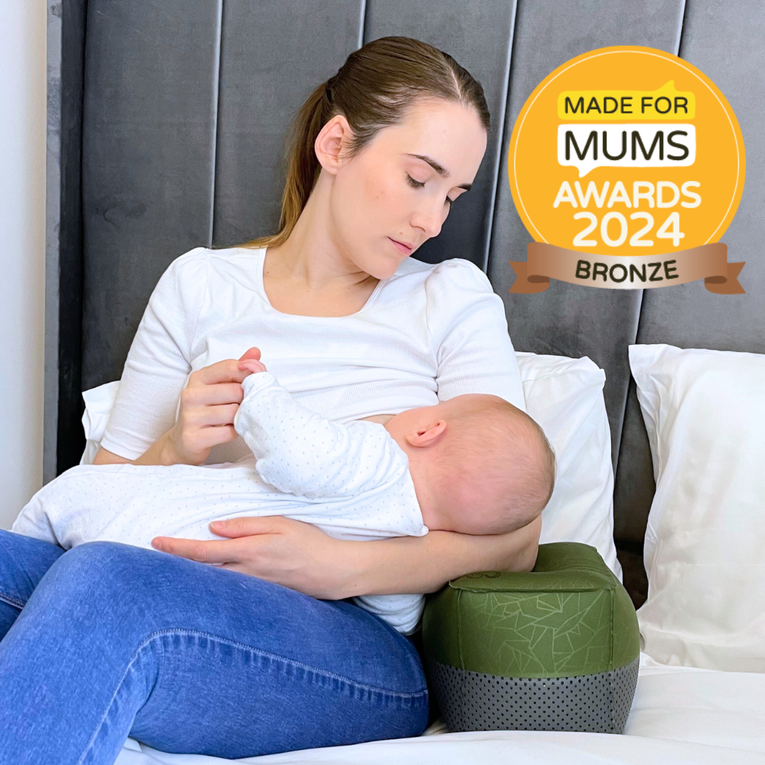 Breastfeeding Pillow- Mother Breastfeeding Using Nursing Pillow Green in Colour-Award Winning Sign Displayed